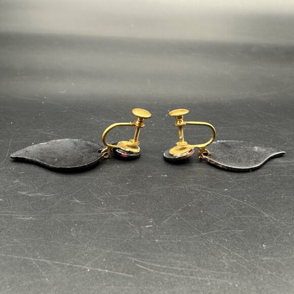 Vintage Enamel Earrings Autumn Leaf Screw Back Black Orange Dangle Halloween - Picture 3 of 6